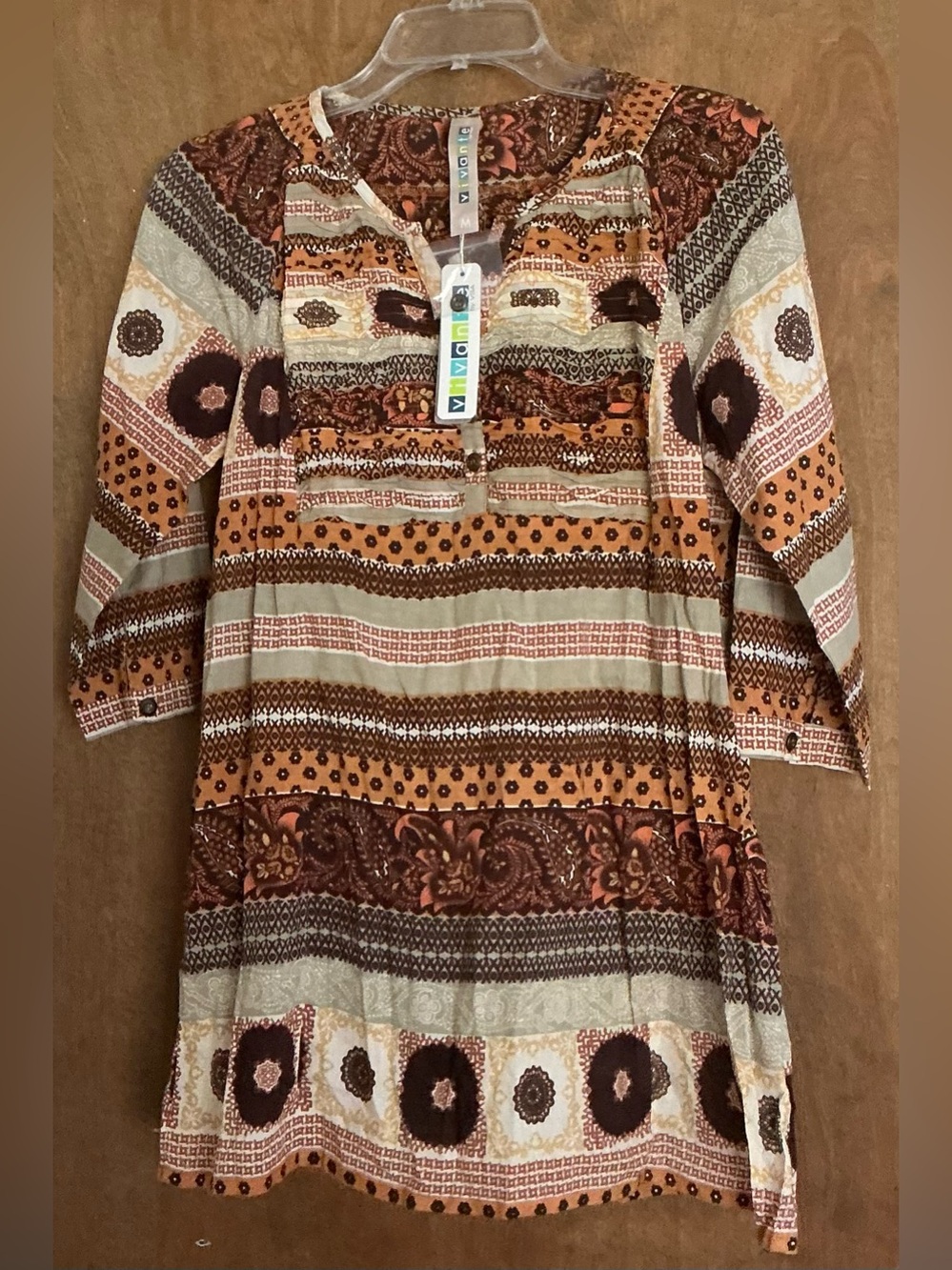 Vivante By VSA boho Tunic Top Women M Paisley Striped Pleated Peasant Blouse NWT